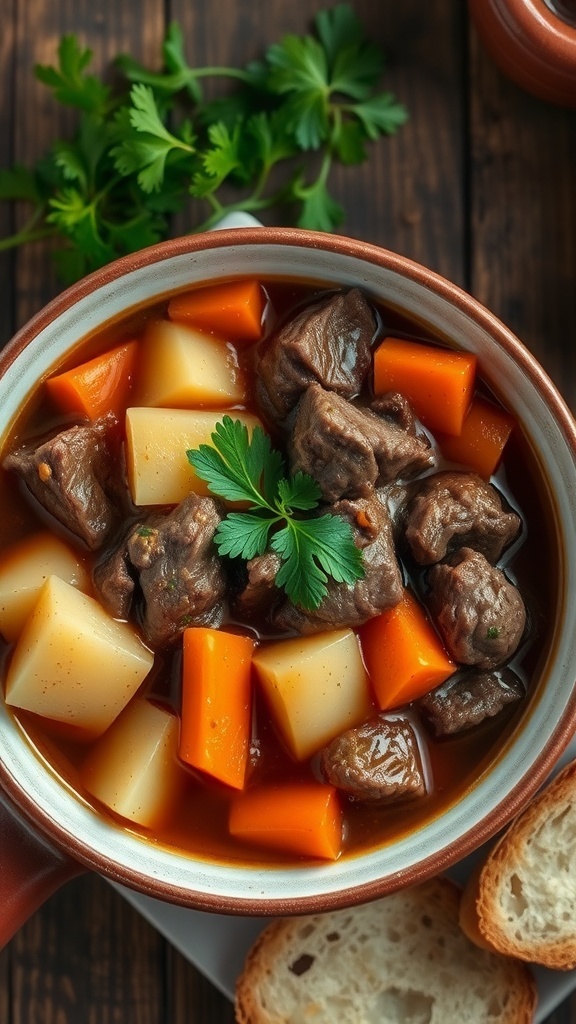 A bowl of hearty beef stew with beef, carrots, and potatoes, garnished with parsley, on a rustic table with bread.